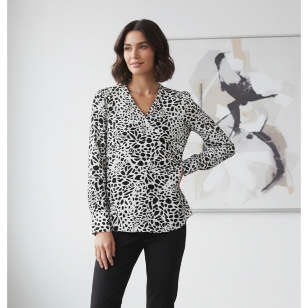 NEW Loft S Women's Top Black White Animal Print Puff Sleeve Retro Classic Office